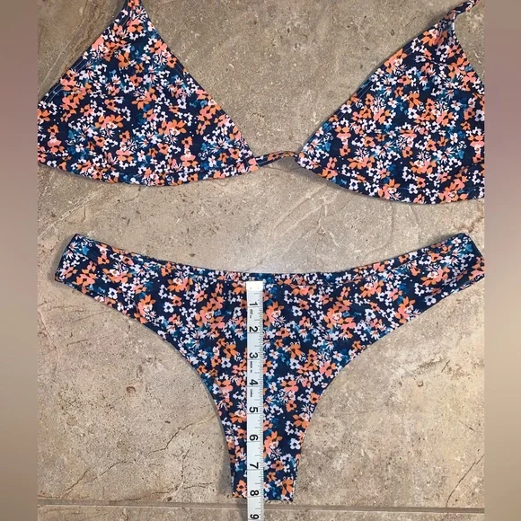 Shein Blue Orange Floral String Triangle Top Cheeky Bikini Set - Size Medium - Picture 7 of 8